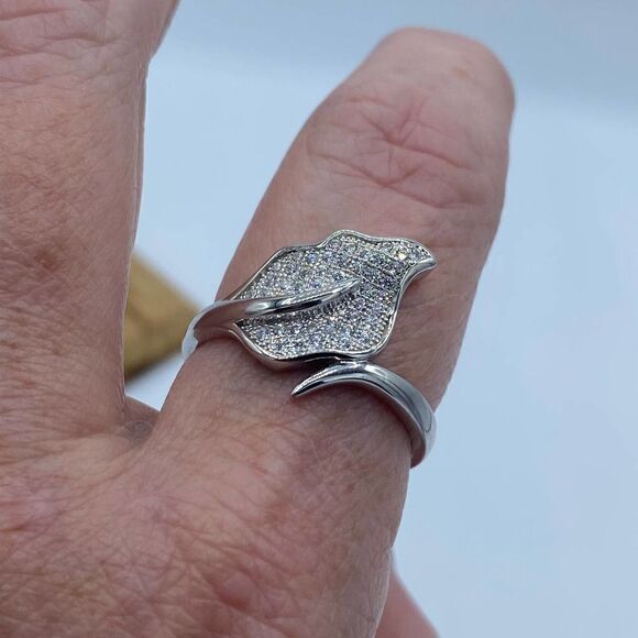 Micro Pave Cz Diamond Leaf Sterling Silver Ring Size 11 - Picture 6 of 10